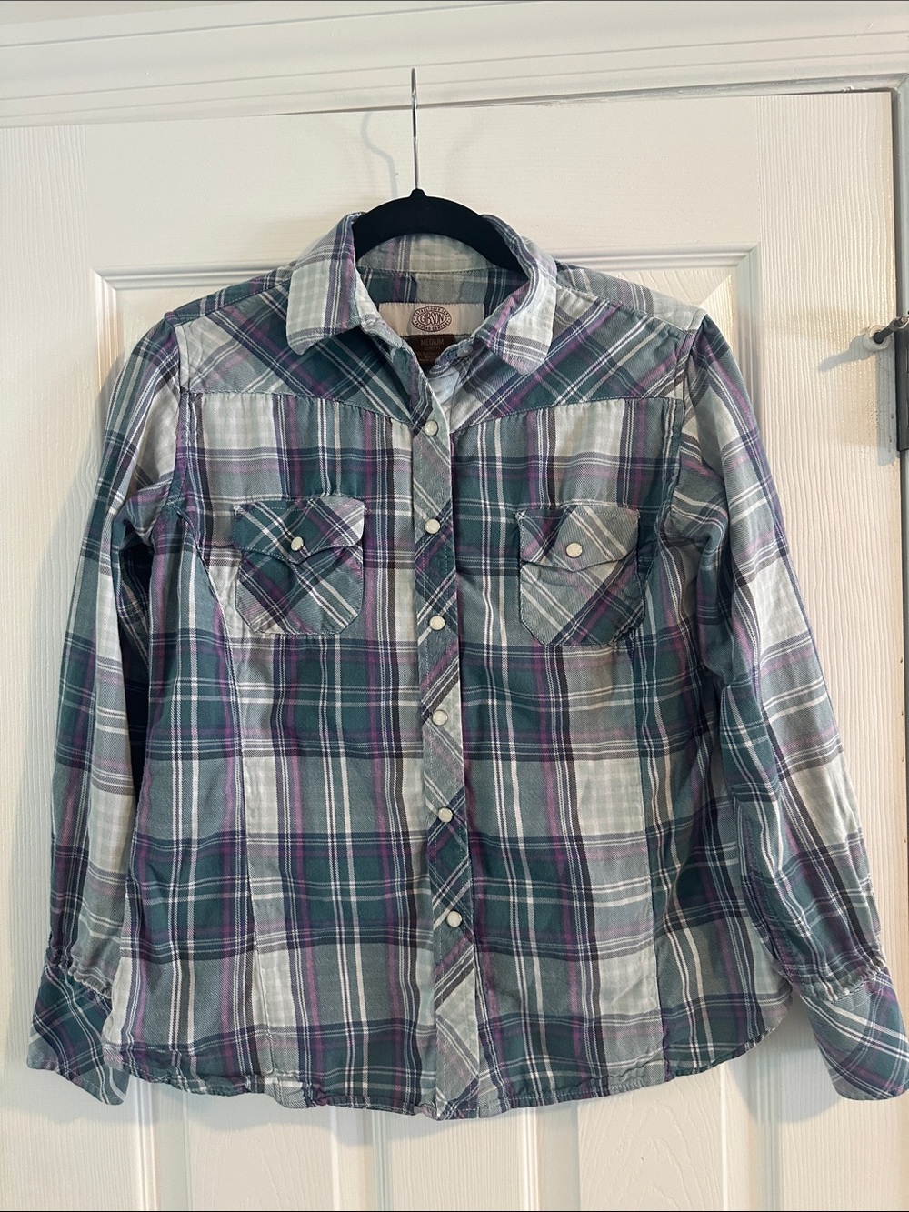 Gibson Trading Co. Plaid Button-Up in Teal, Purple & White Pearl Snap Western